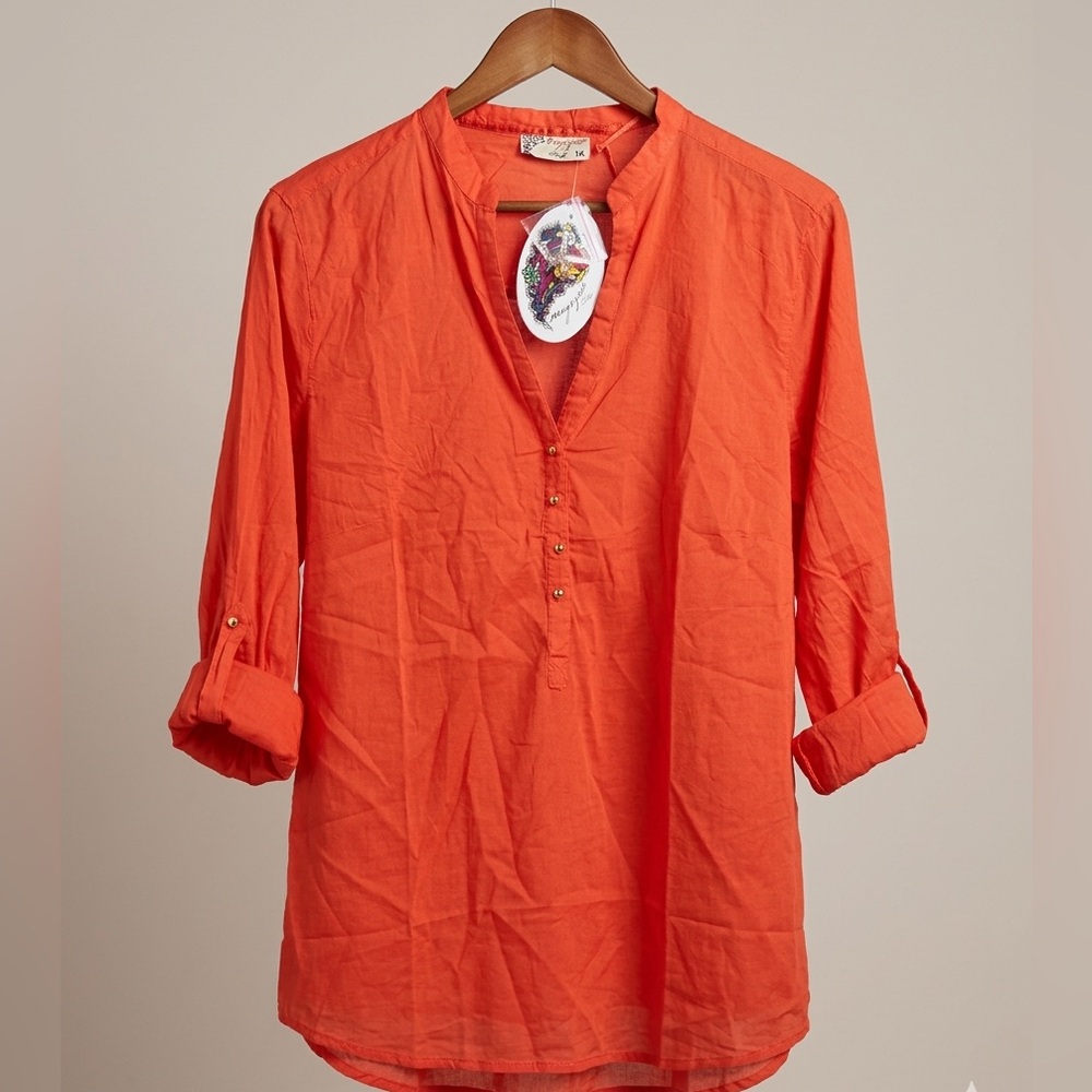 Women's Orange V-Neck Button Front Blouse